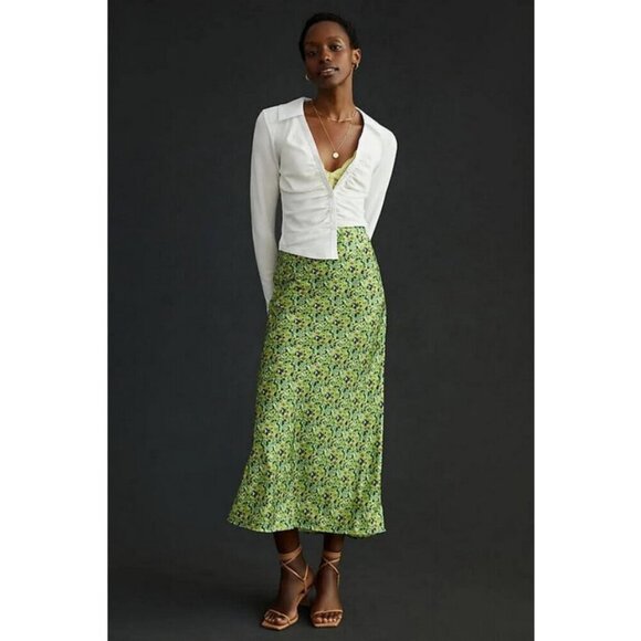 💕FAVORITE DAUGHTER💕 The Gwen Satin Midi Skirt ~ Green Floral Print XL NWOT - Picture 4 of 16